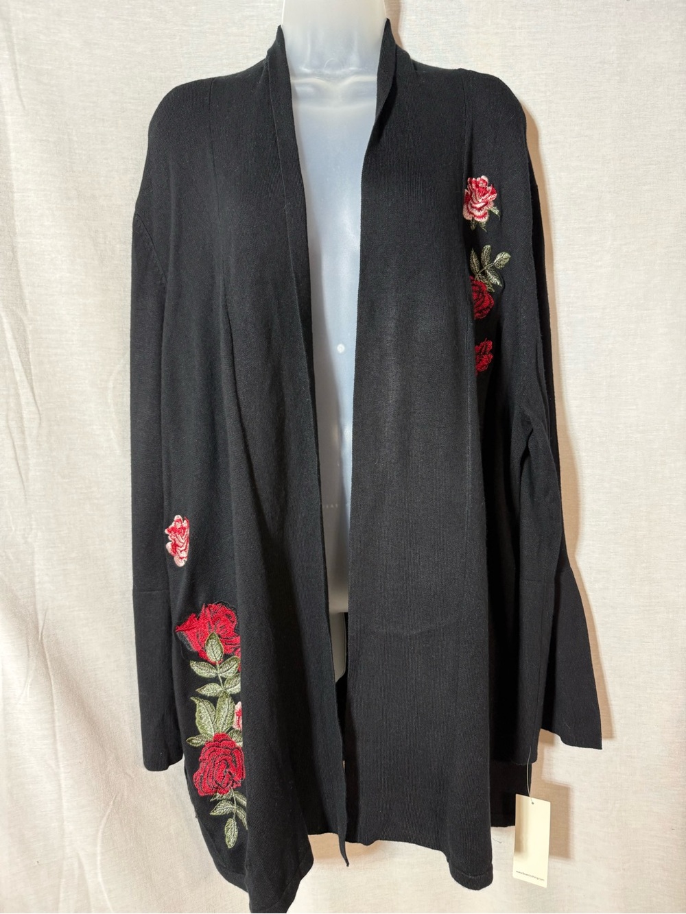 Fever Black Open-Front Cardigan with Red Rose Embroidery Size 3X